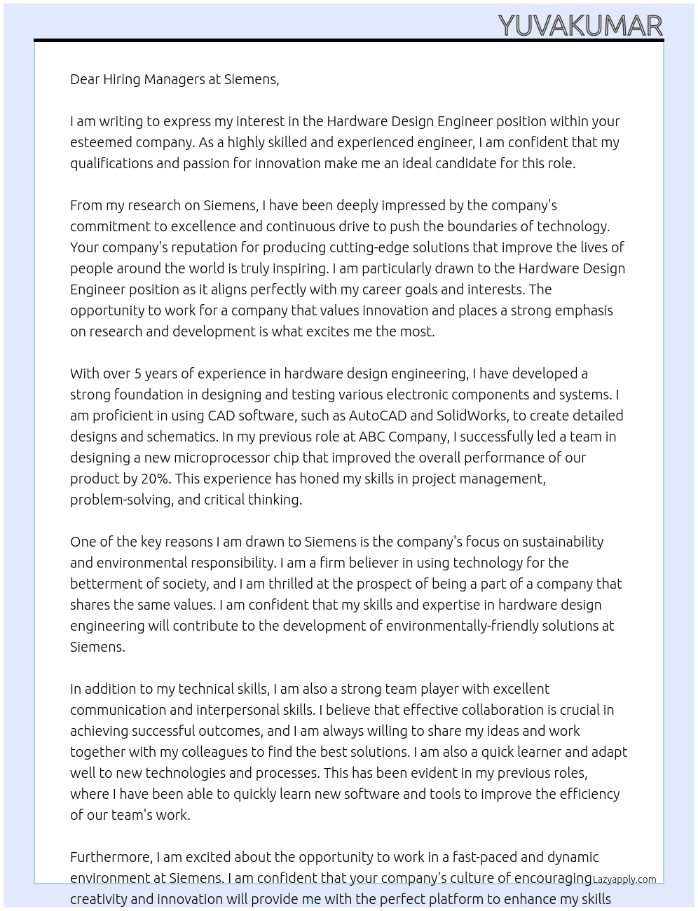 Hardware Design Engineer At Siemens Cover Letter