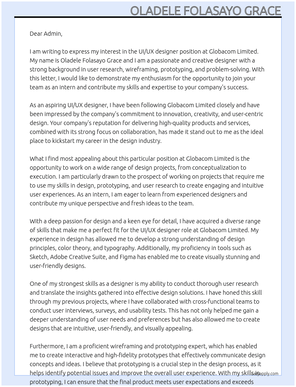 UI/UX designer At Globacom Limited Cover Letter