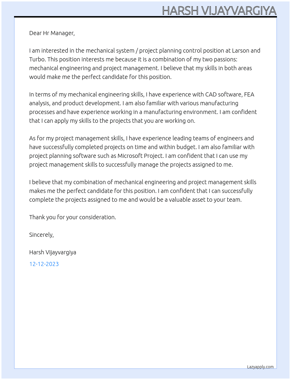 Mechanical system / Project plaannig control At Larson and turbo  Cover Letter