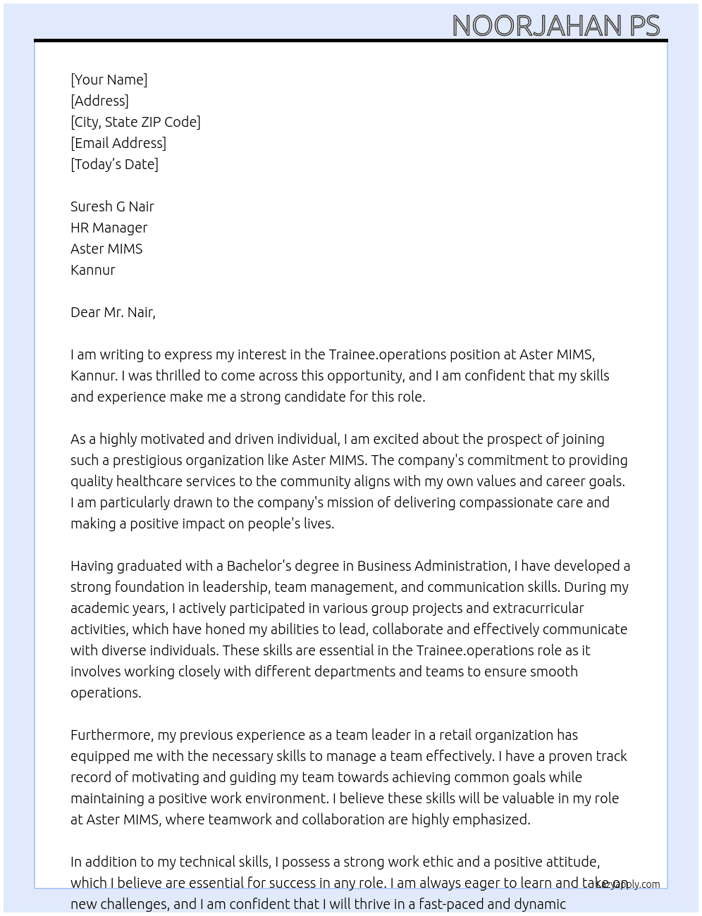 Trainee.operations At Aster MIMS, kannur  Cover Letter