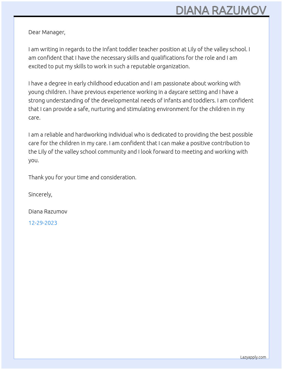 Infant toddler teacher  At Lily of the valley school  Cover Letter