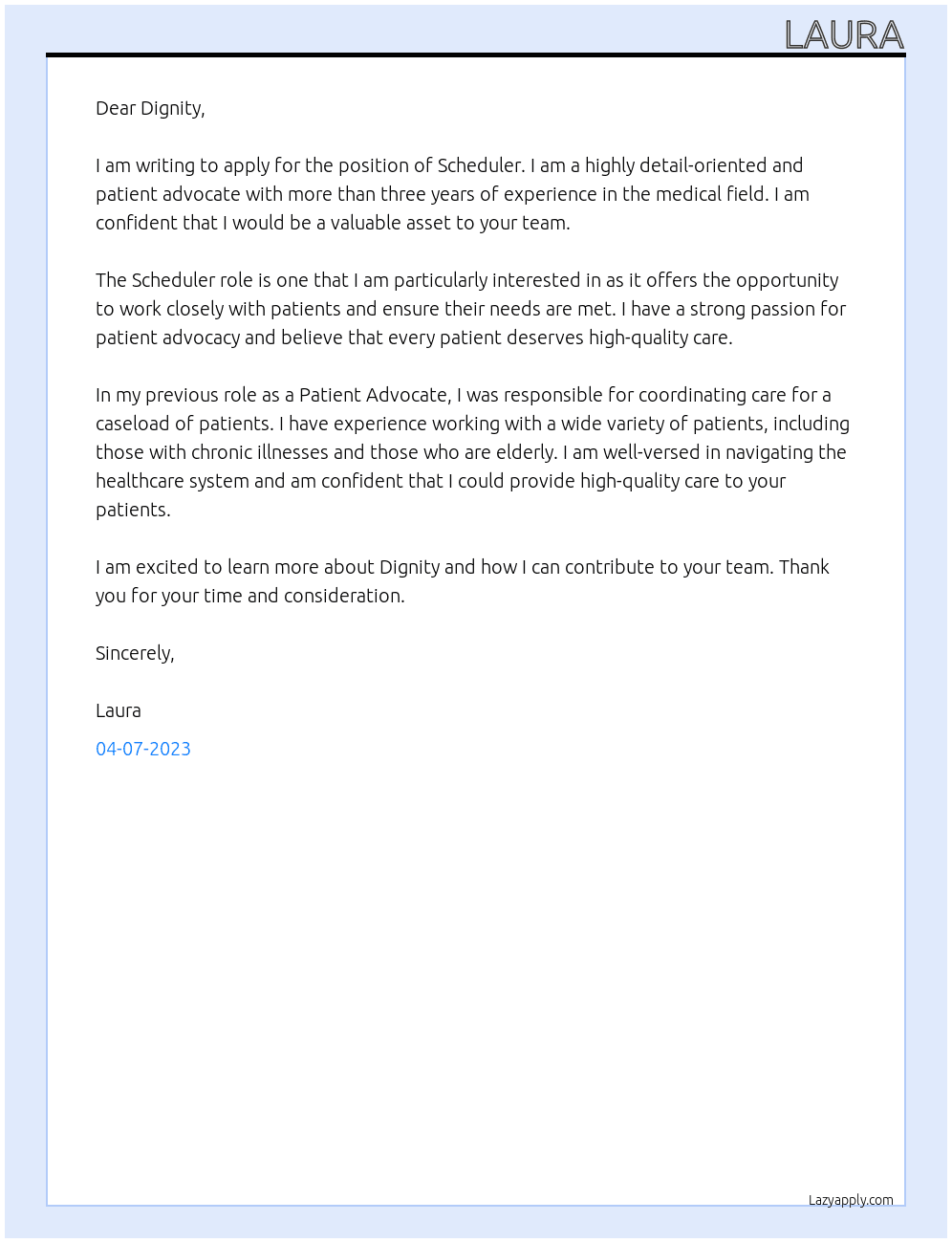 Scheduler At Dignity Cover Letter