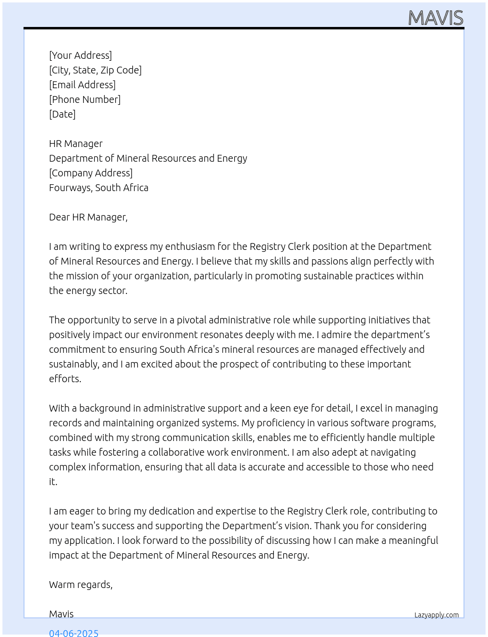 Registy Clerk At Department of Mineral Resources and Energy Cover Letter