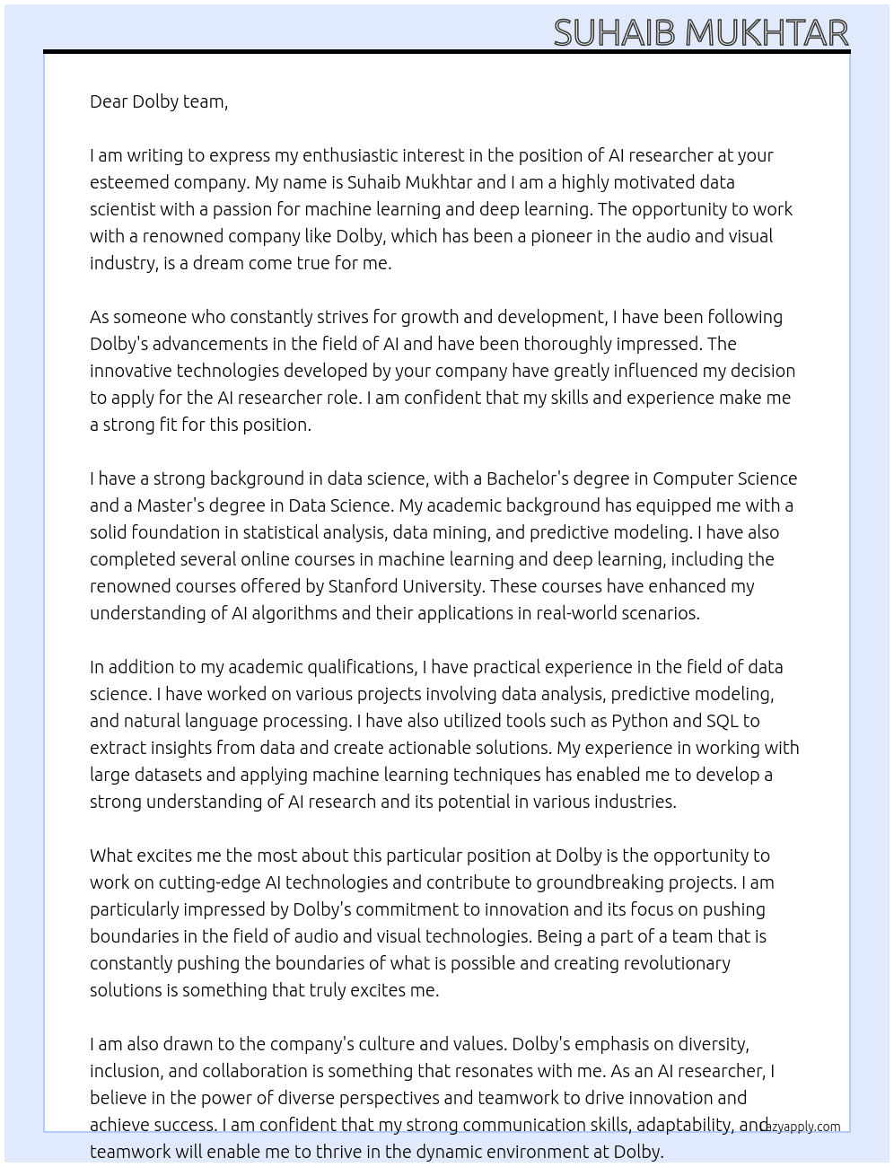 Ai researcher  At Dolby Cover Letter