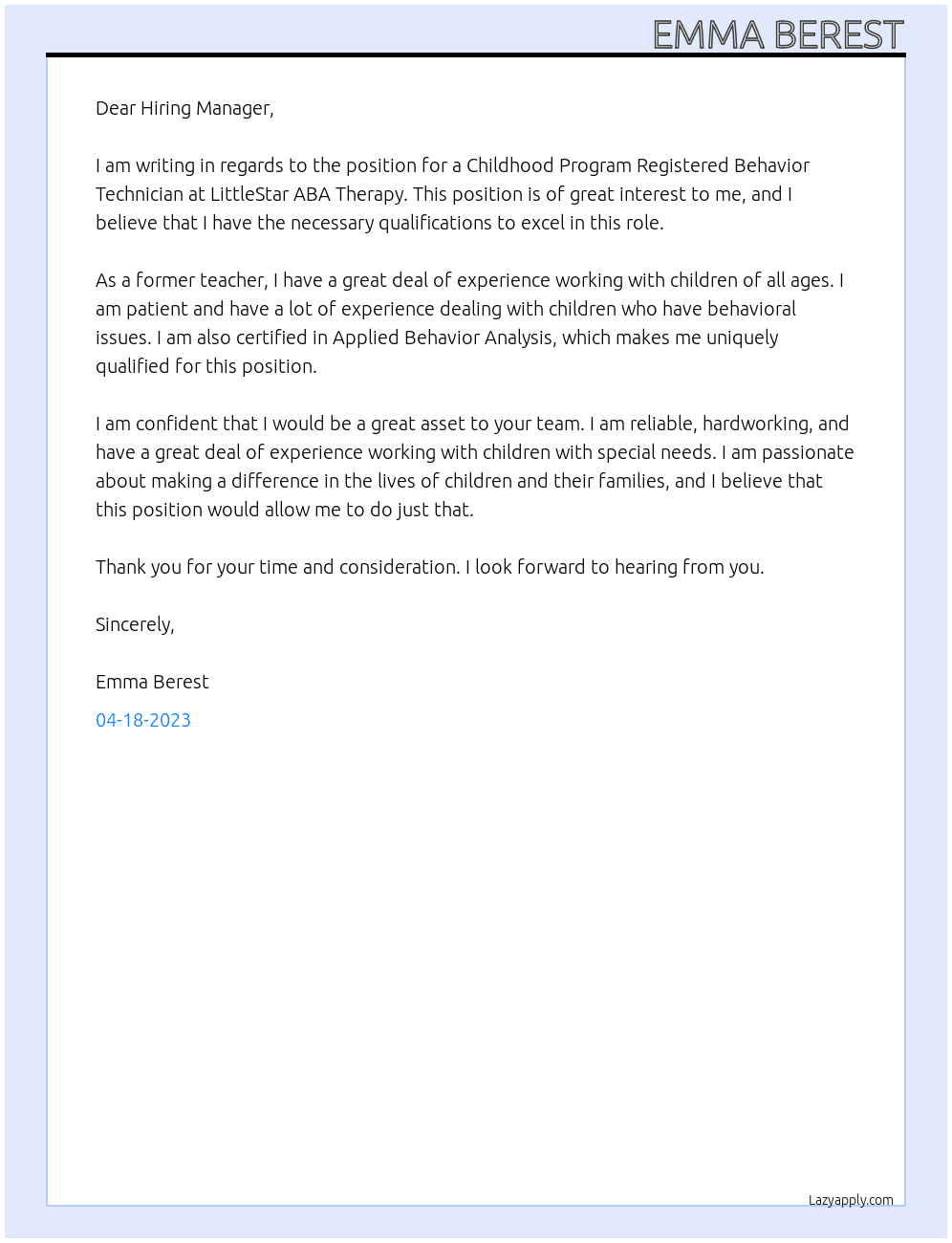 Childhood Program Registered Behavior Technician At LittleStar ABA Therapy  Cover Letter