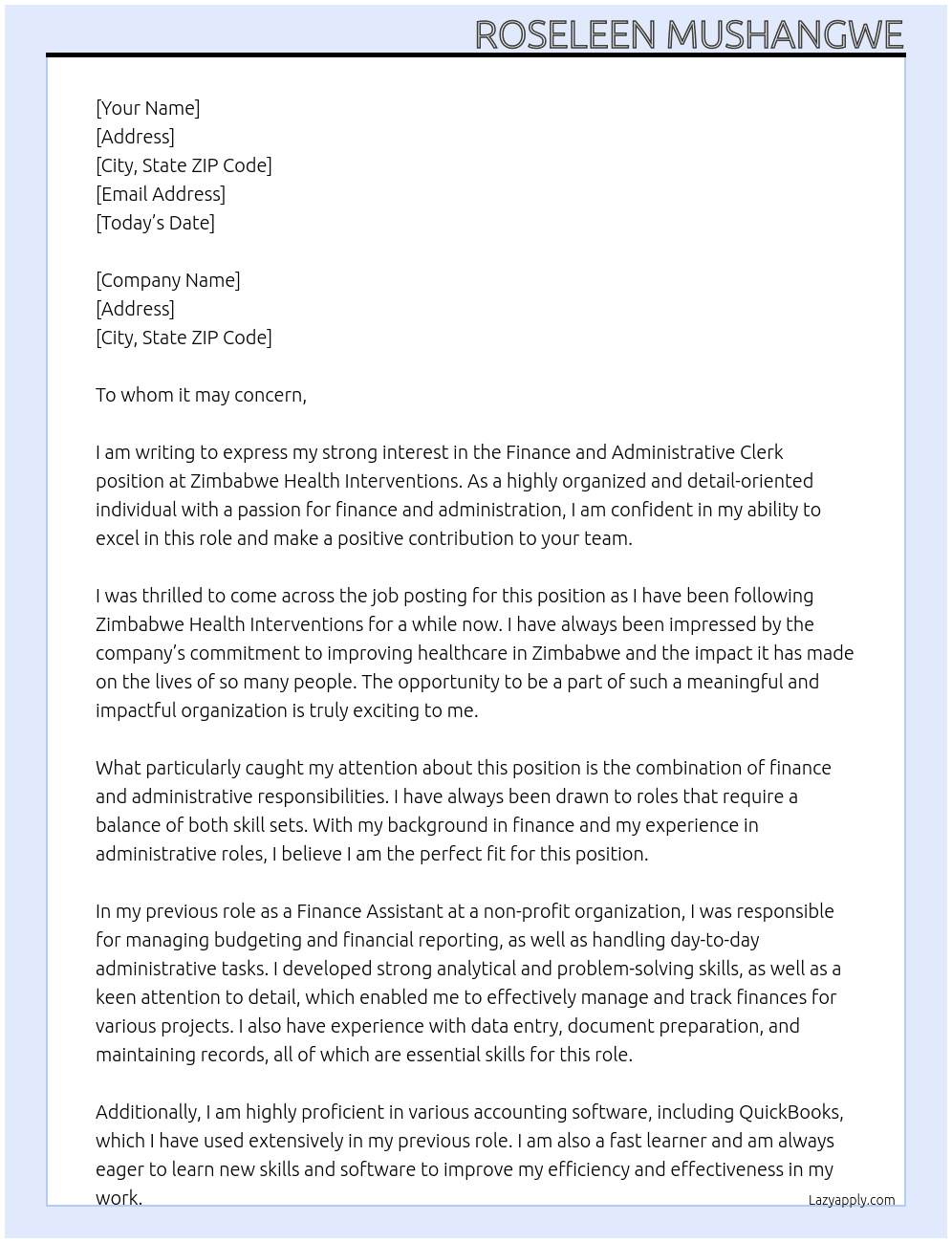 Finance and Administrative Clerk At Zimbabwe Health Interventions Cover Letter