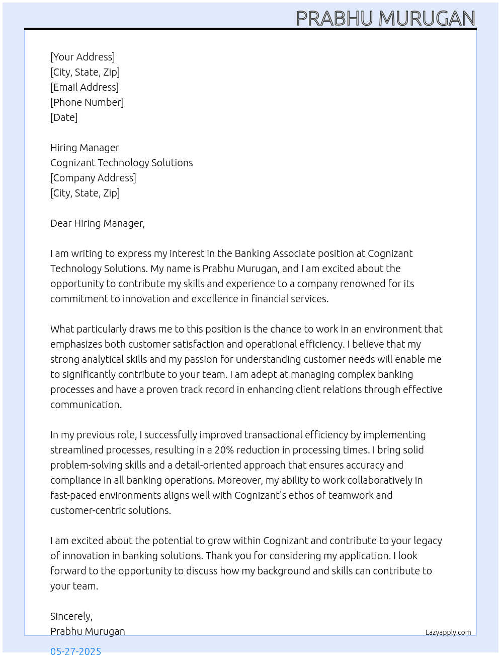 banking associate At cognizant technology solutions Cover Letter