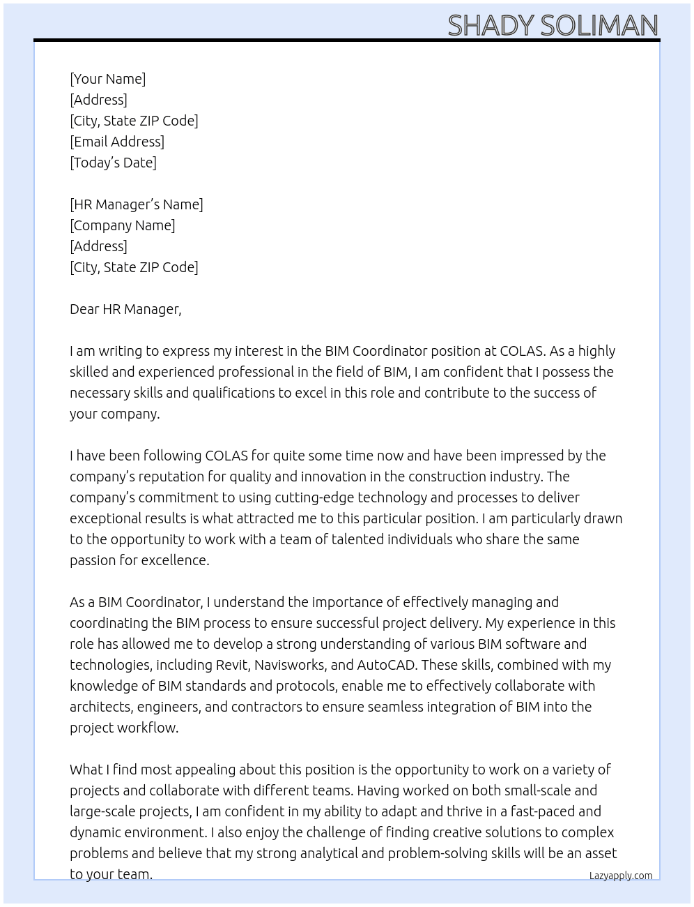 bim coordinator  At COLAS  Cover Letter