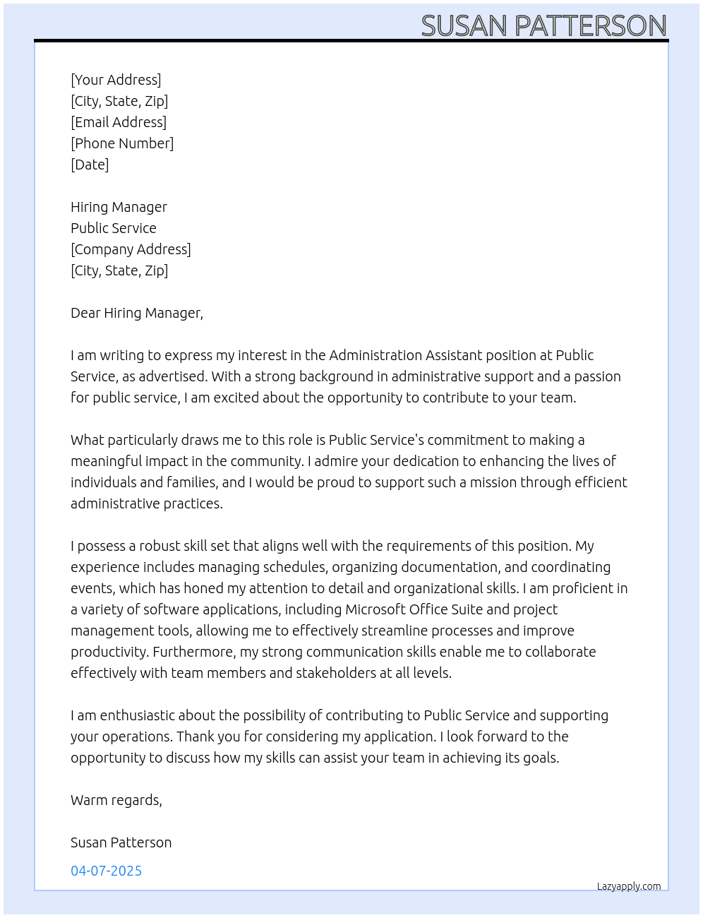 Administration Assistant At Public Service Cover Letter