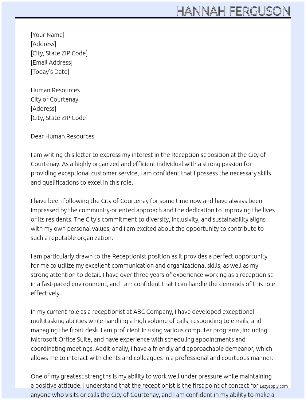 Receptionist At City of Courtenay Cover Letter