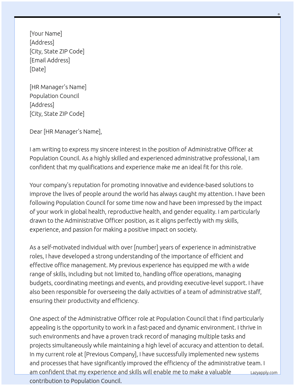 Administrative officer At Population council Cover Letter