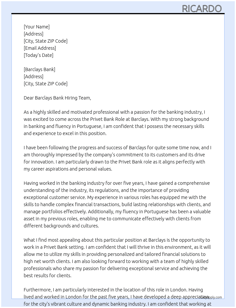 bank At barclays Cover Letter