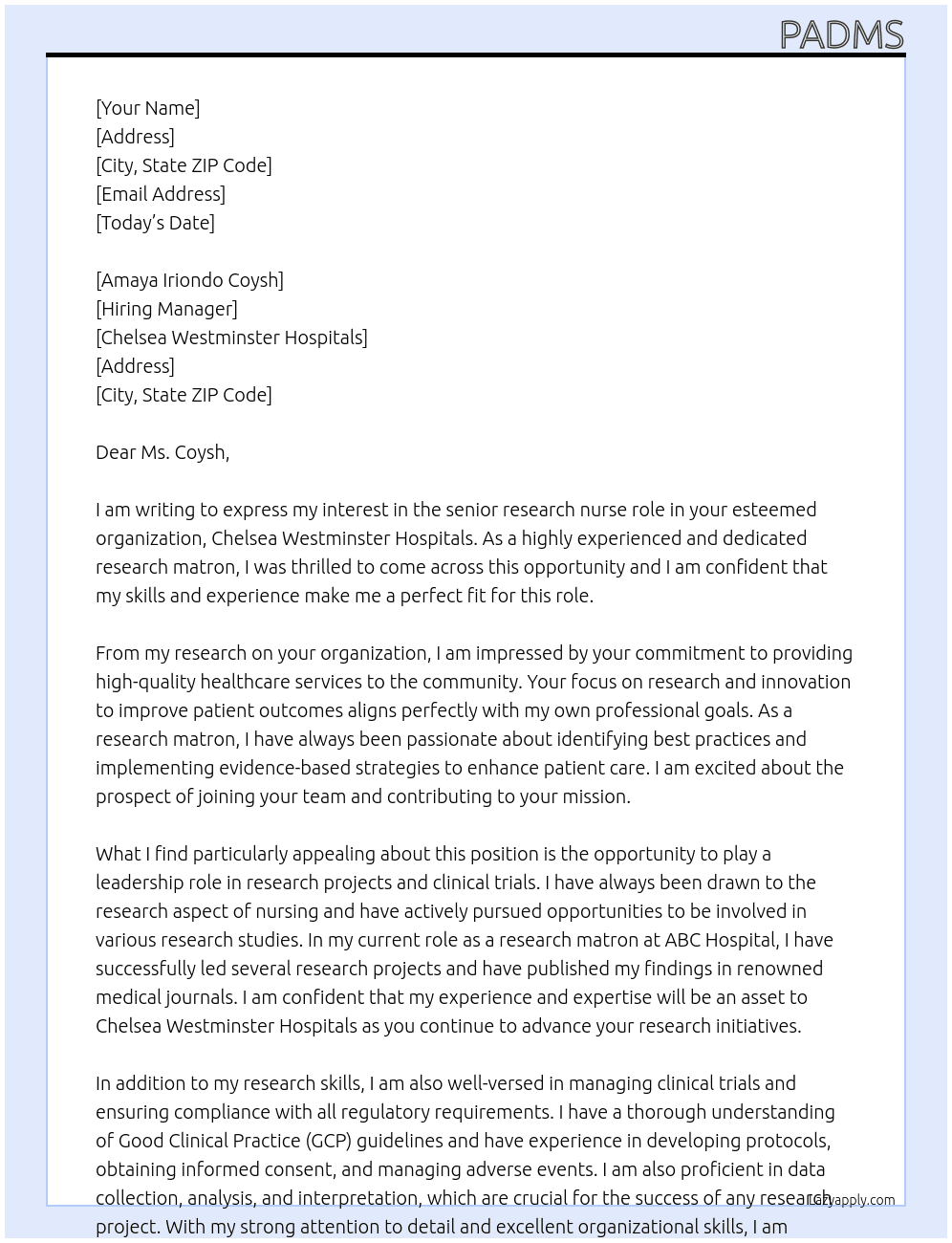 research matron At Chelsea Westminster Hospitals Cover Letter