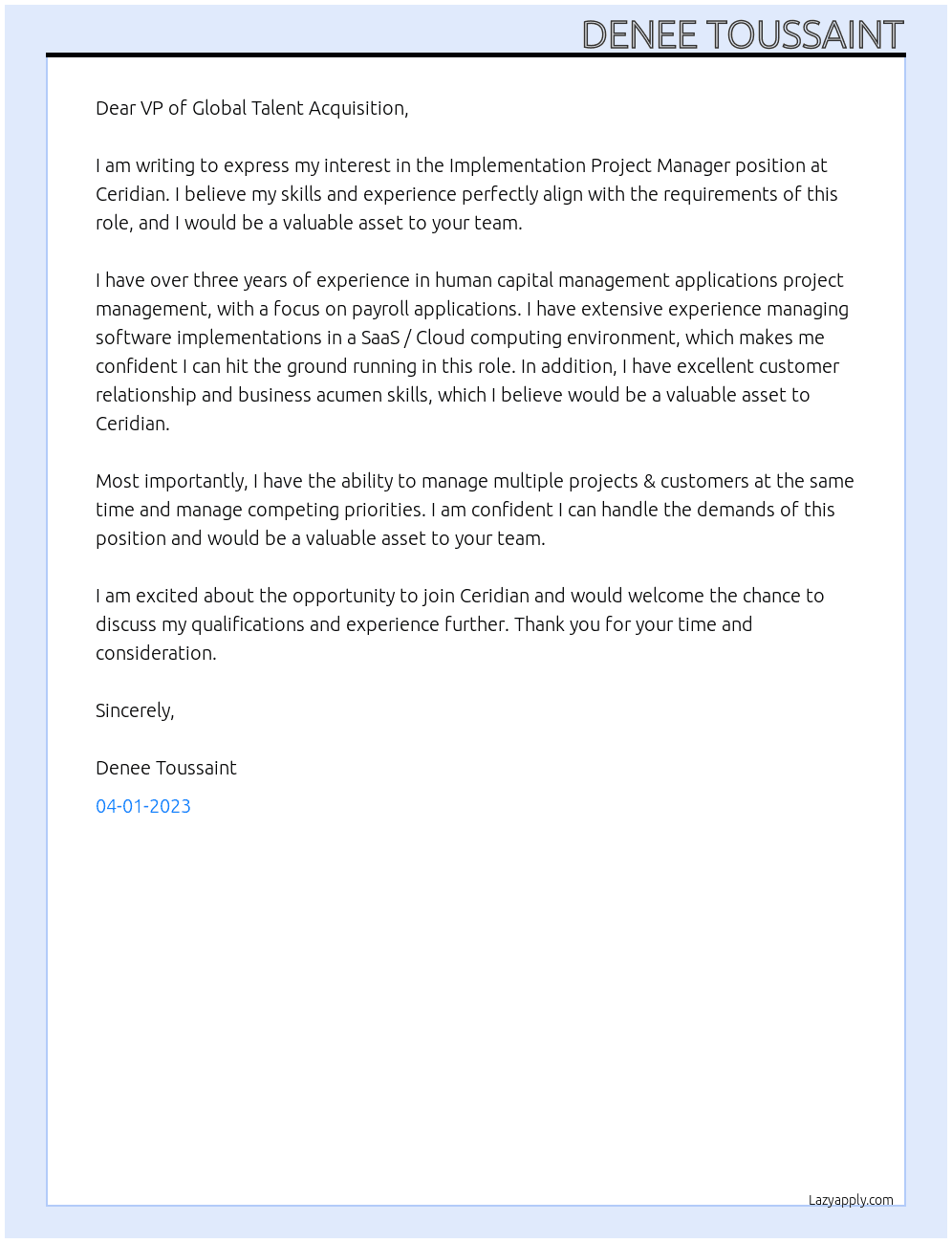 Implementation Project Manager At Ceridian Cover Letter