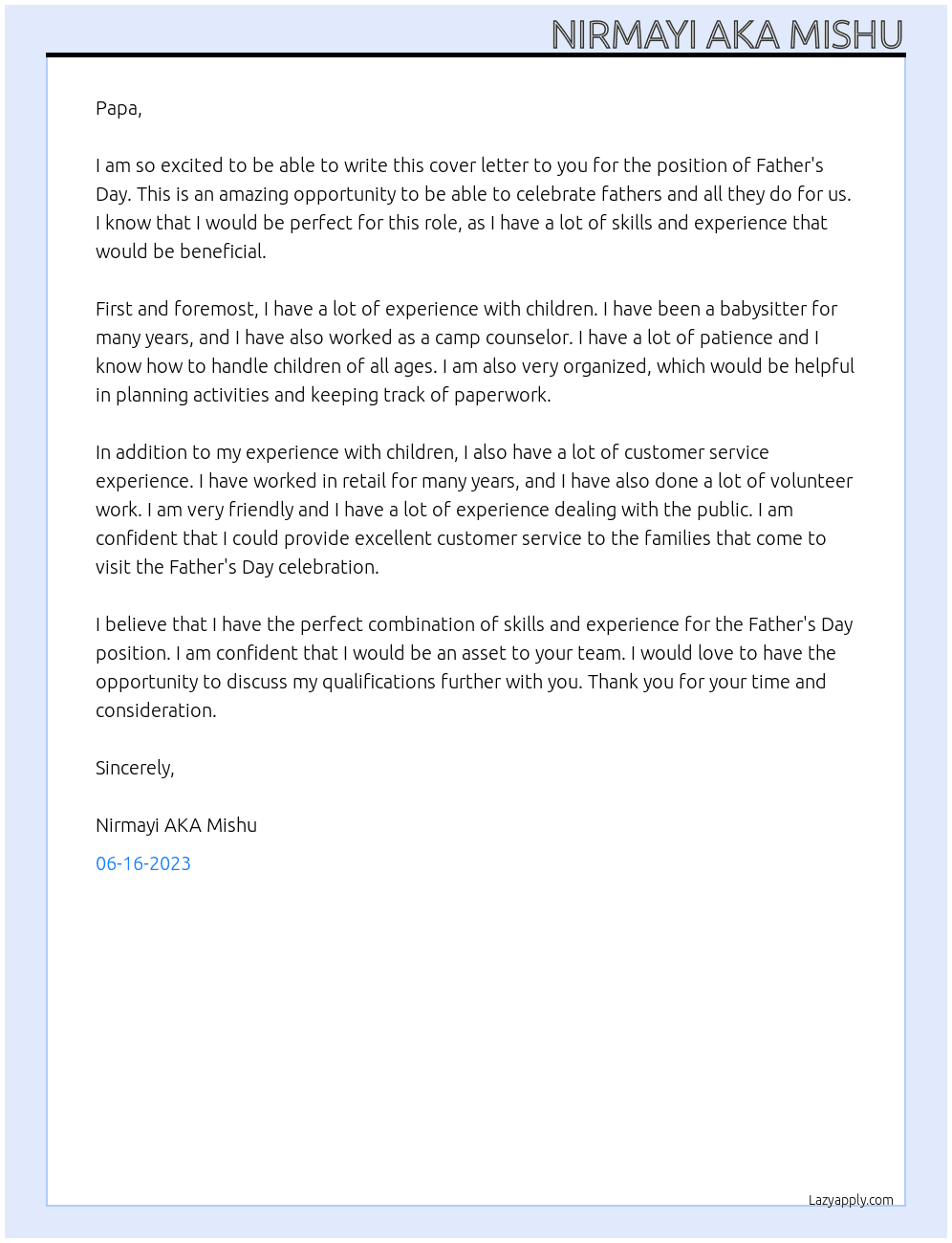 Fathers day At Home Cover Letter