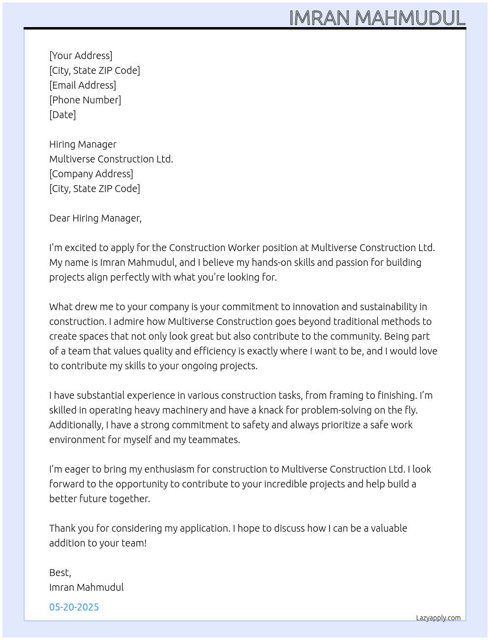 Construction Worker At Multiverse Construction Ltd. Cover Letter