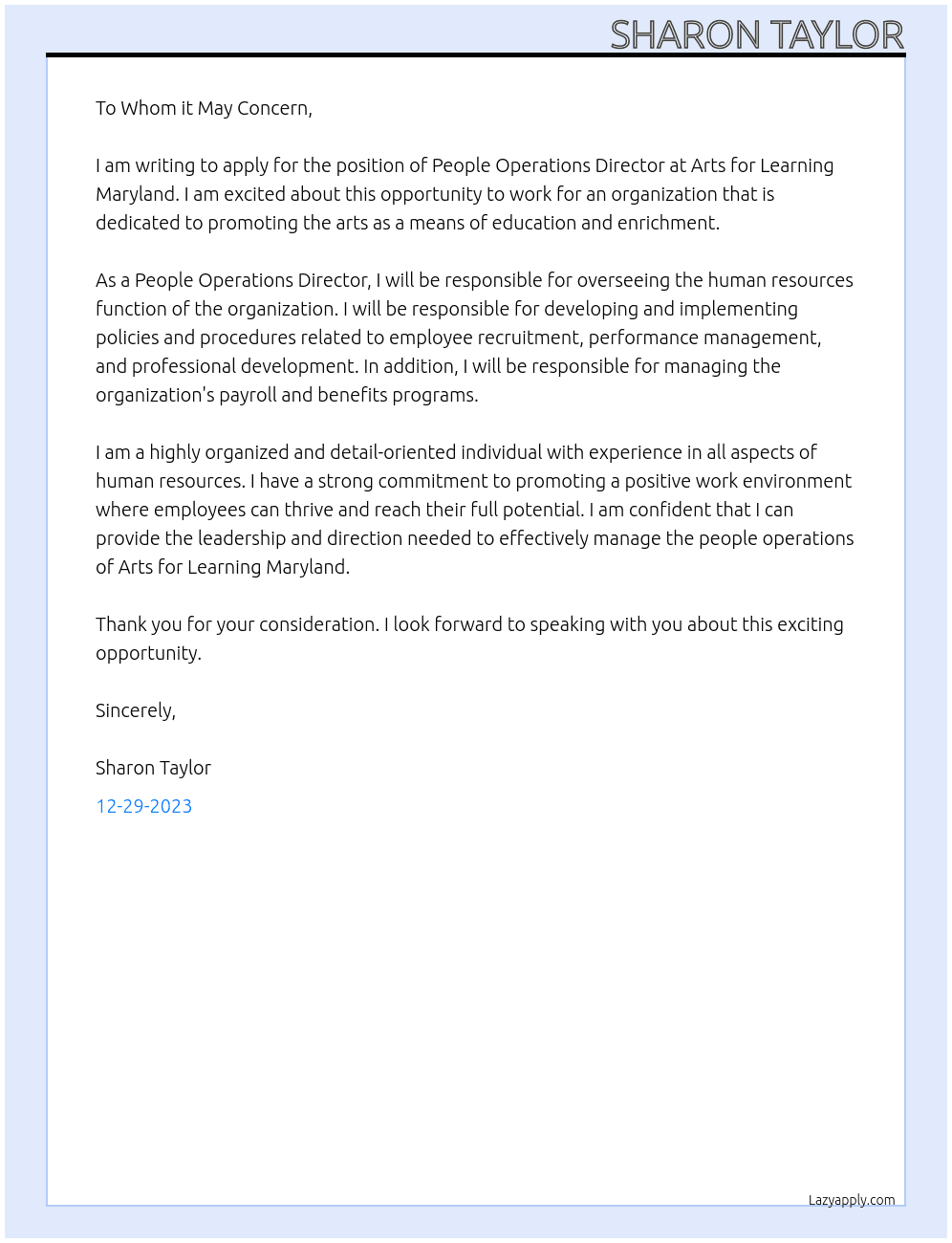 People Operations Director At Arts for Learning Maryland Cover Letter
