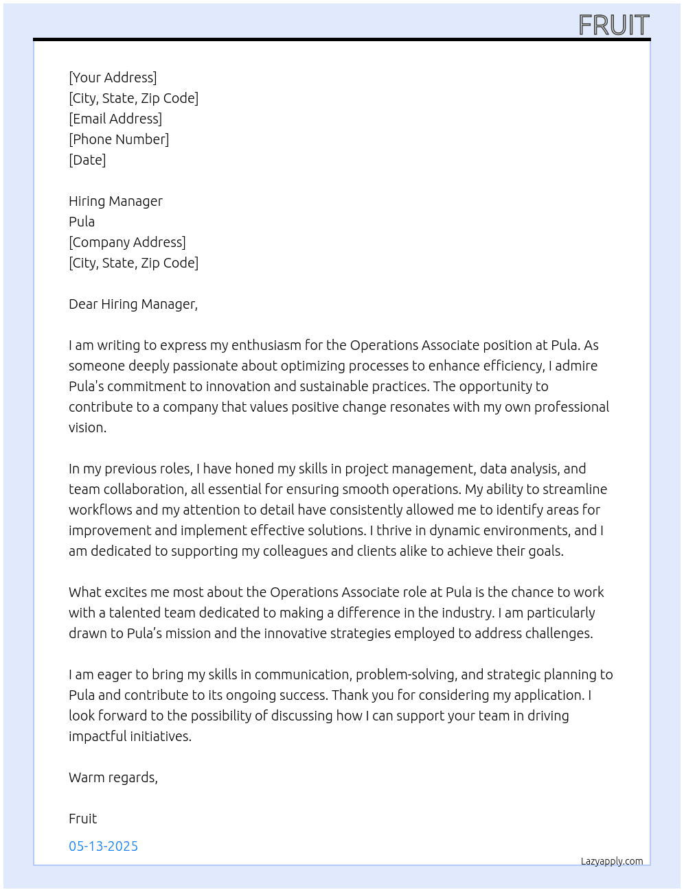 Operations associate At Pula Cover Letter