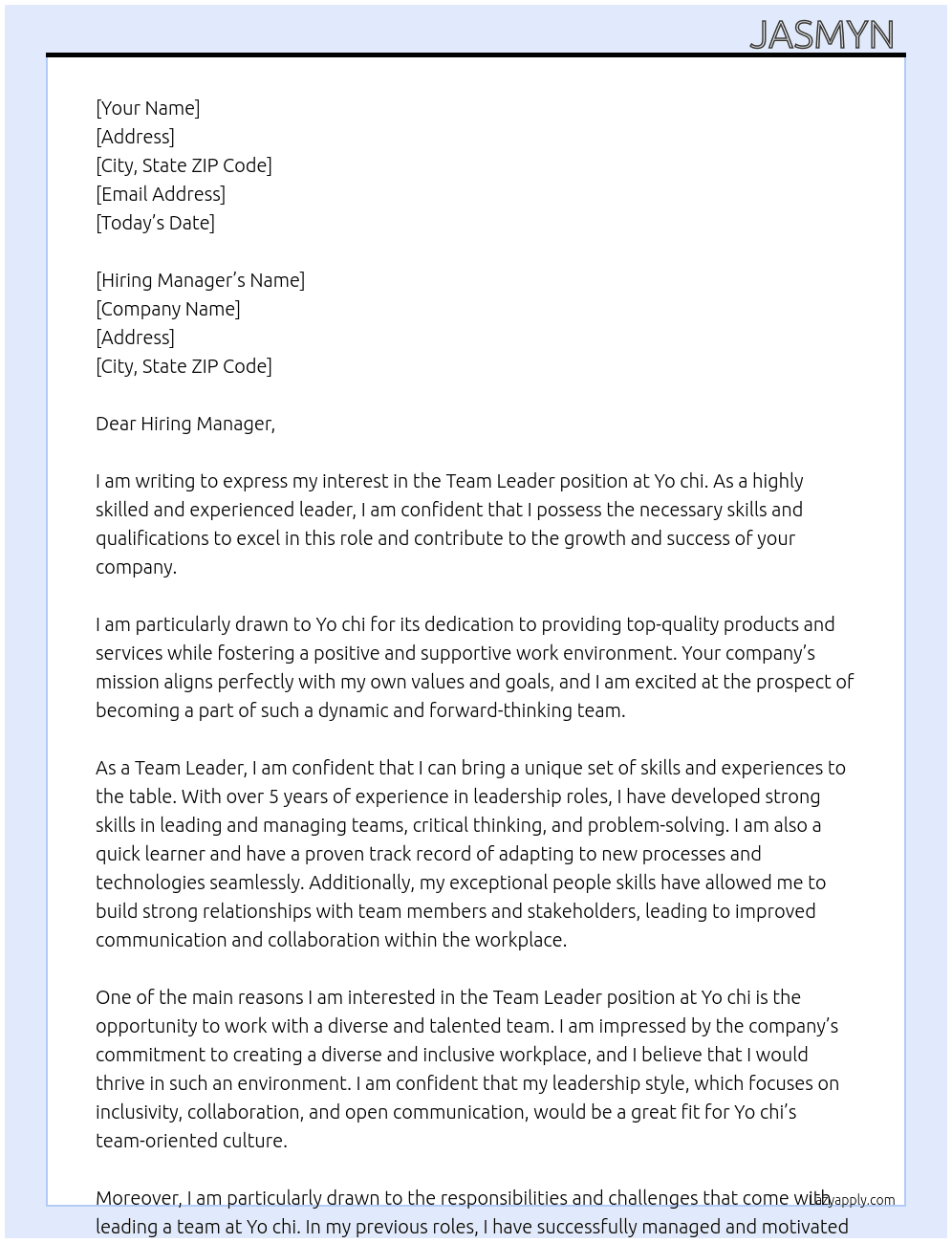 Team leader  At Yo chi Cover Letter