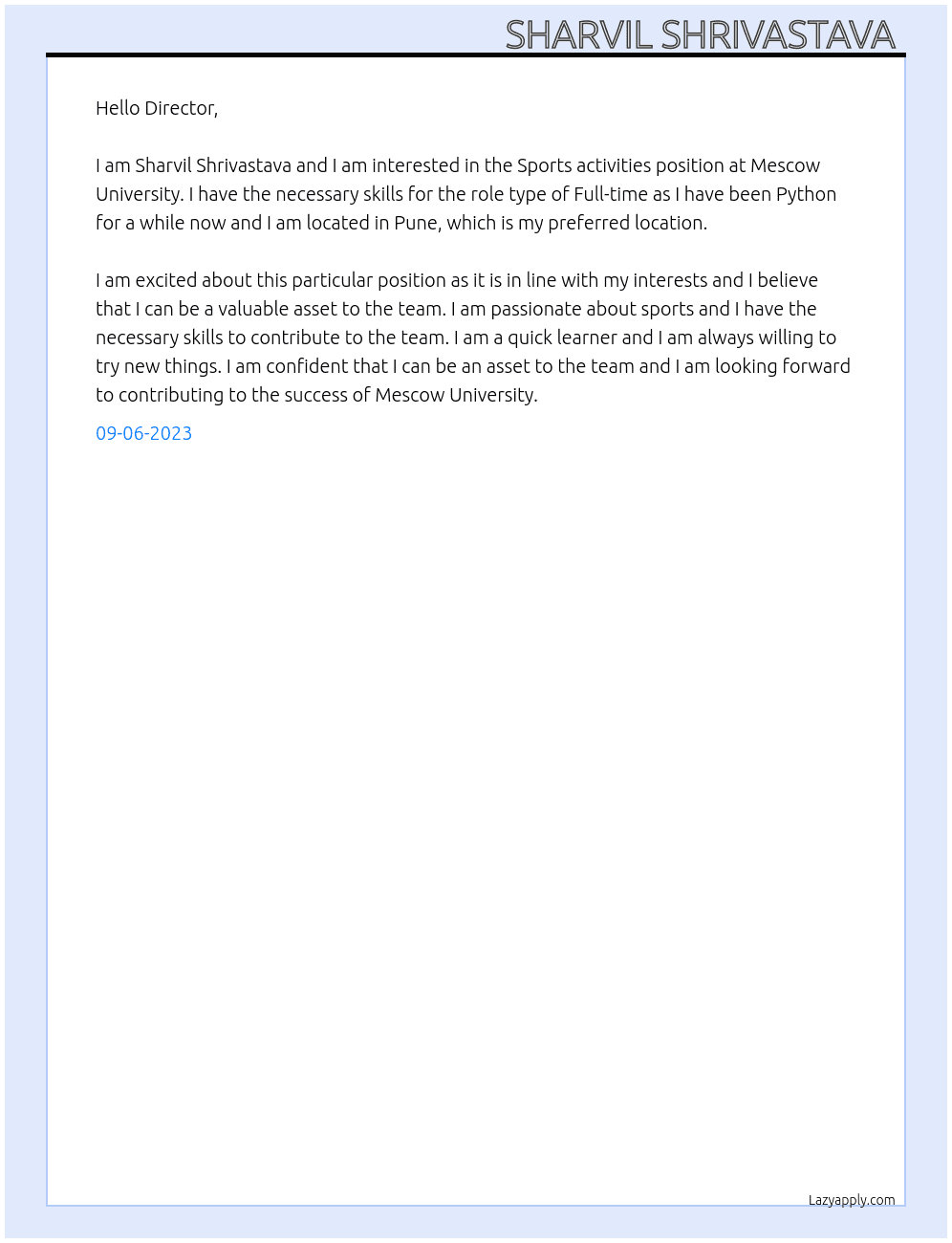 Interest in Sports activities  At Mescow University  Cover Letter
