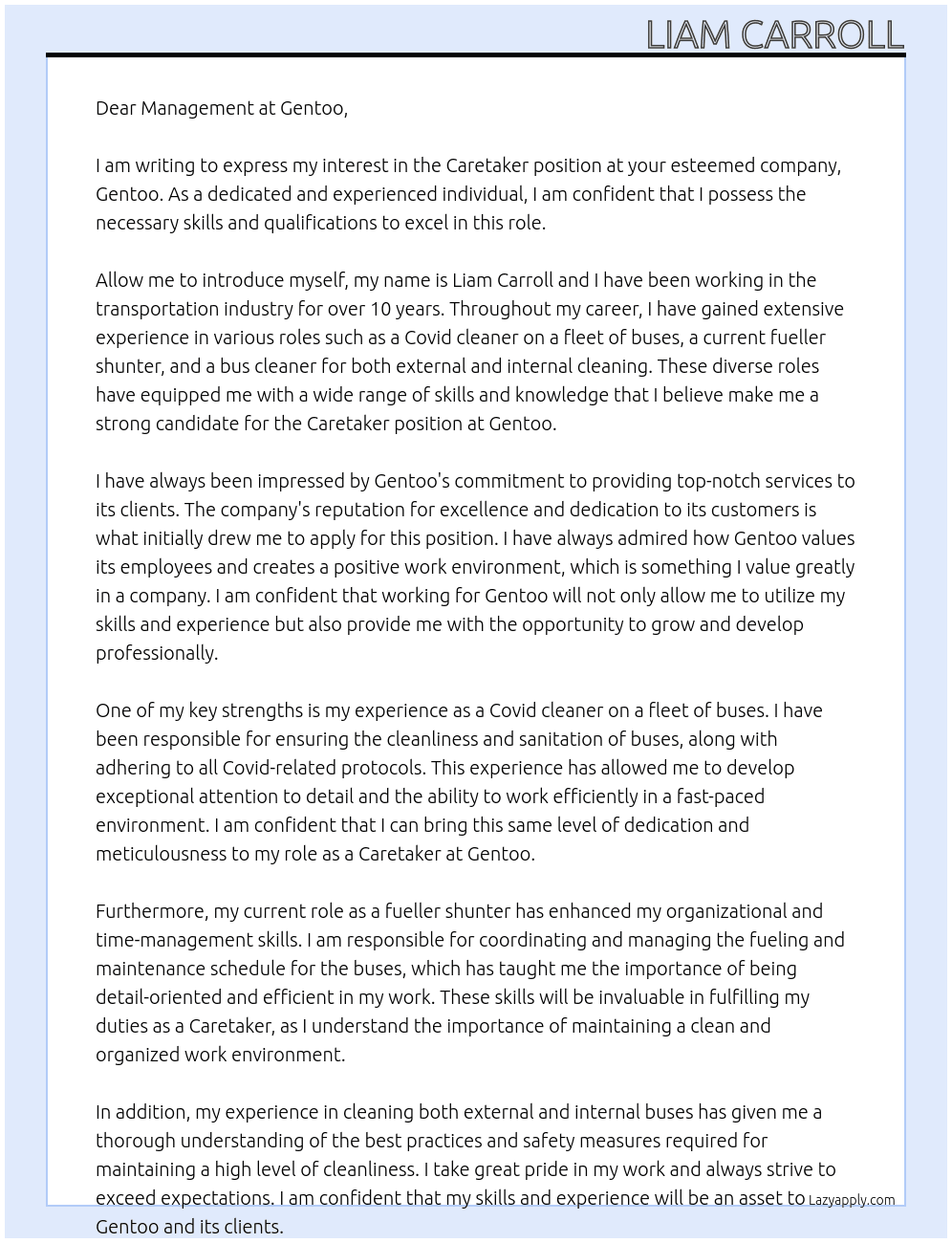 Caretaker At Gentoo Cover Letter