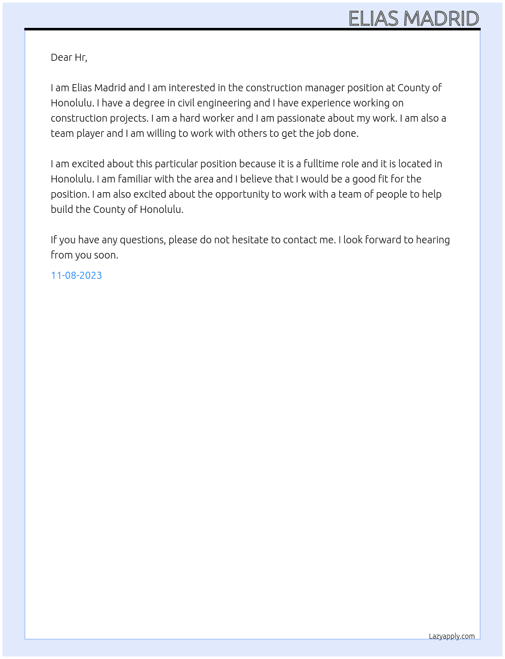 Construction manager At County of Honolulu Cover Letter