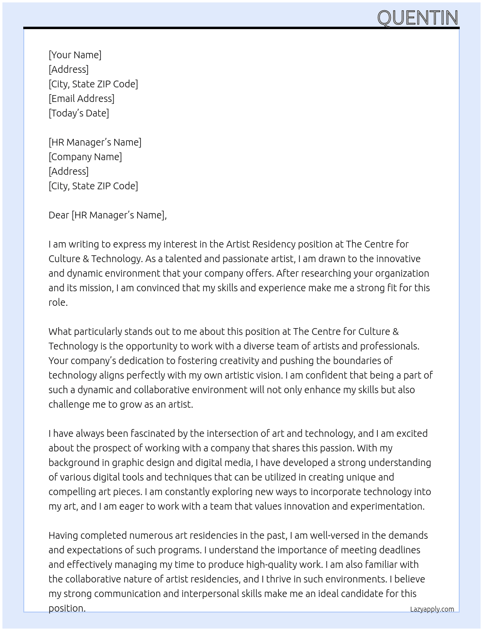 Cover letter for artist residency - LazyApply