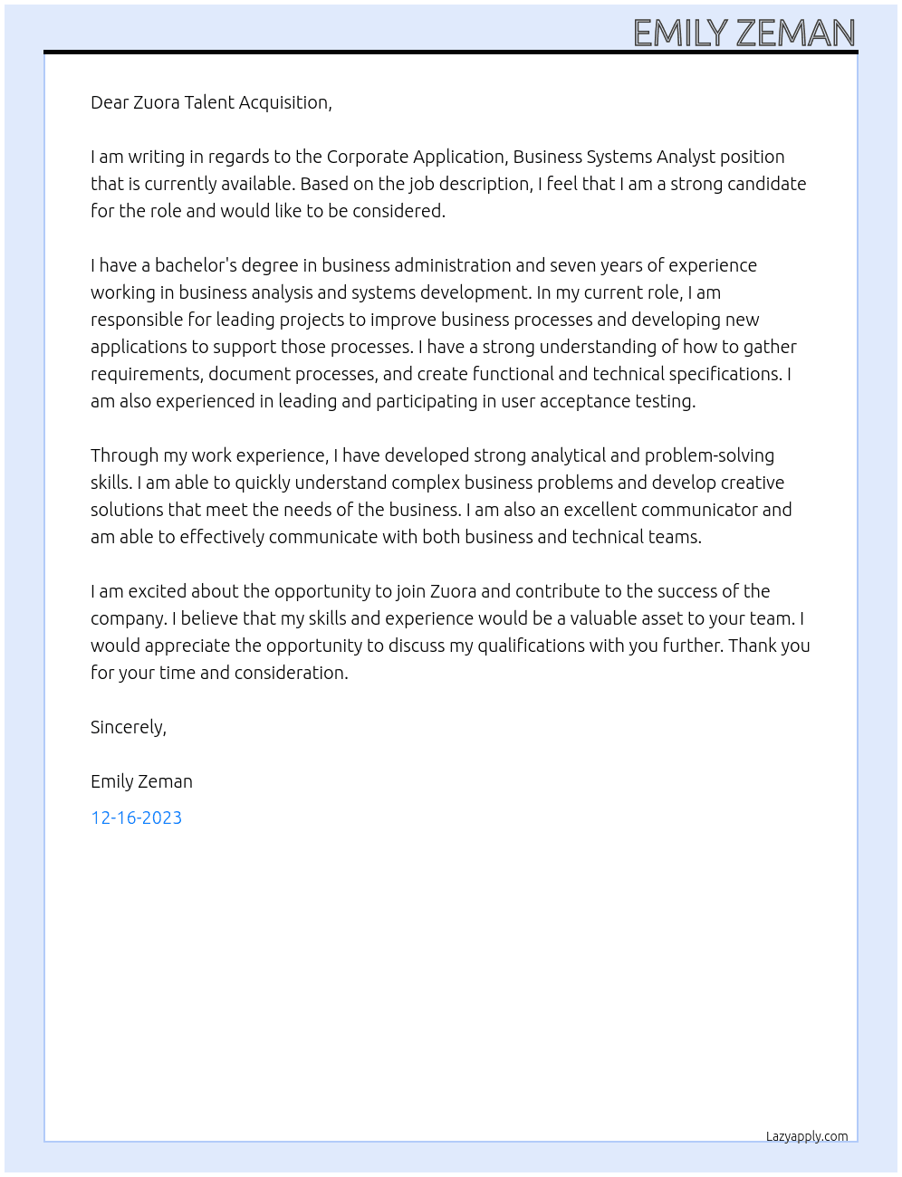 Corporate Application, Business Systems Analyst At Zuora Cover Letter
