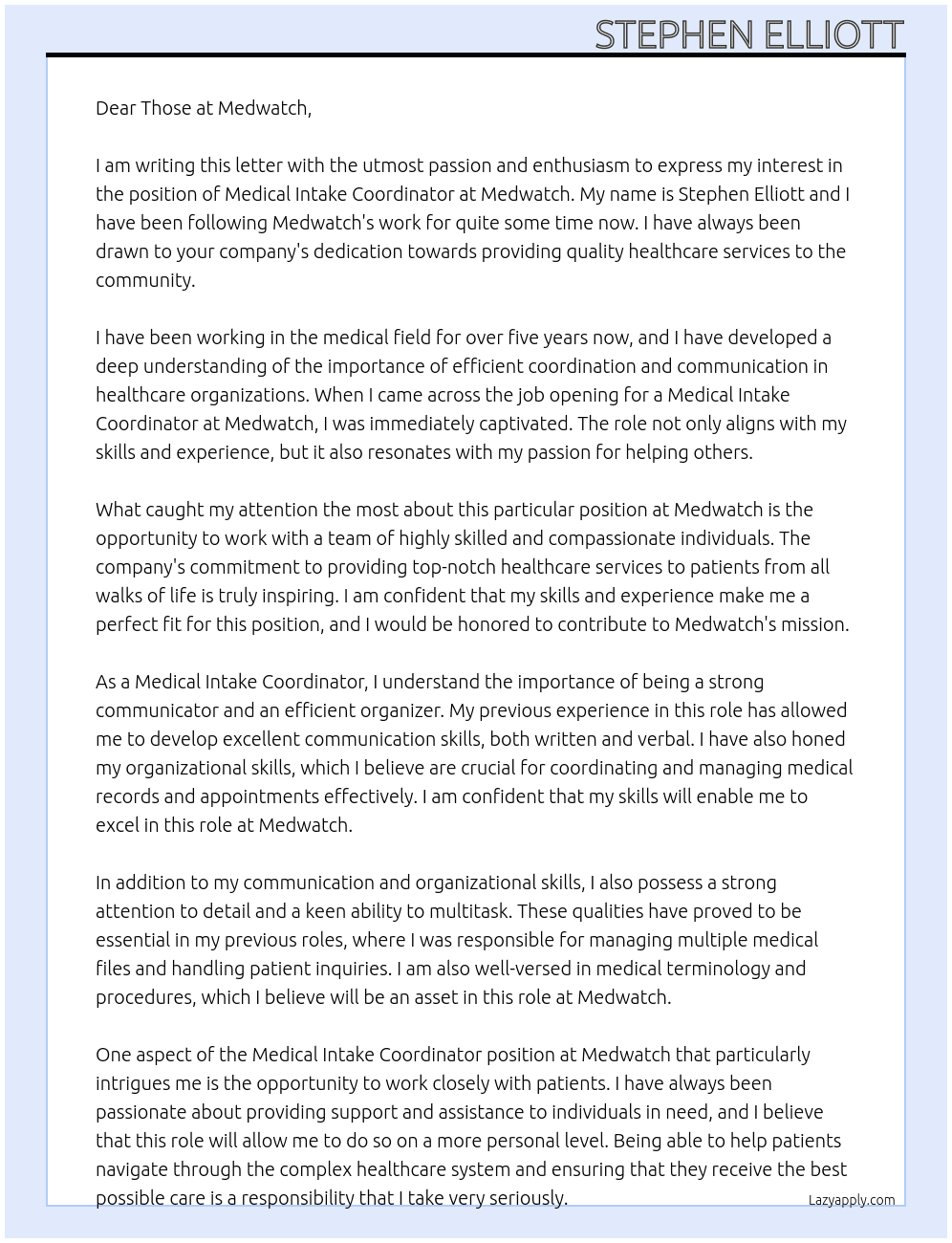 Medical Intake Coordinator At Medwatch Cover Letter