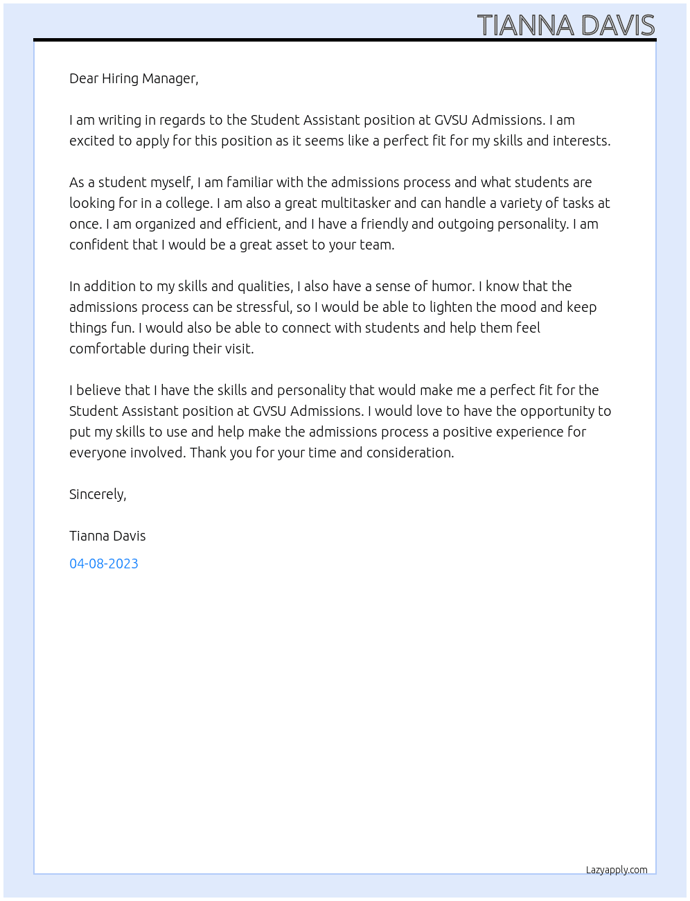 Student Assistant At GVSU Admissions Cover Letter