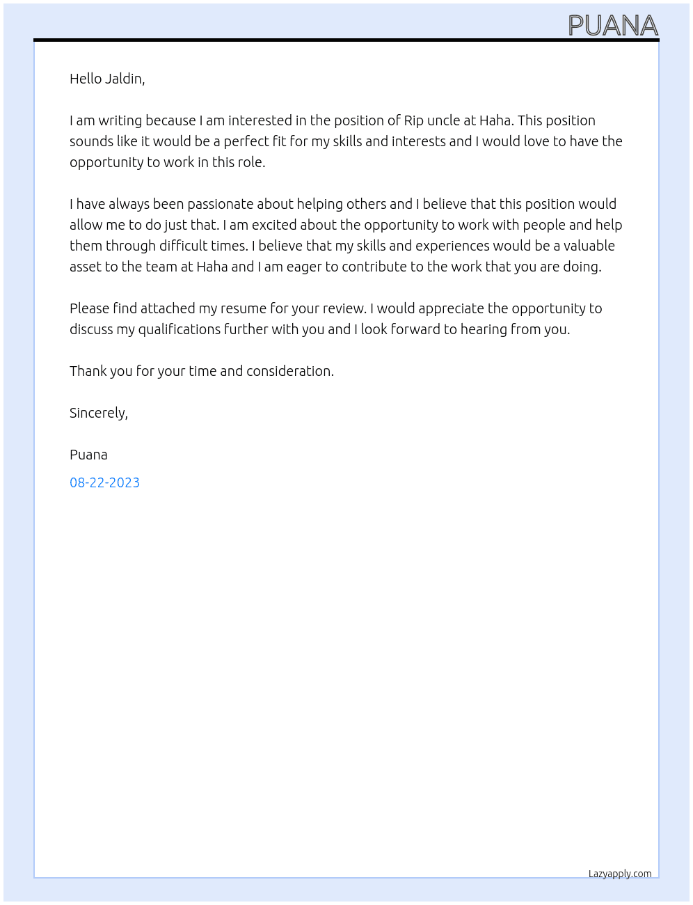 Rip uncle  At Haha Cover Letter