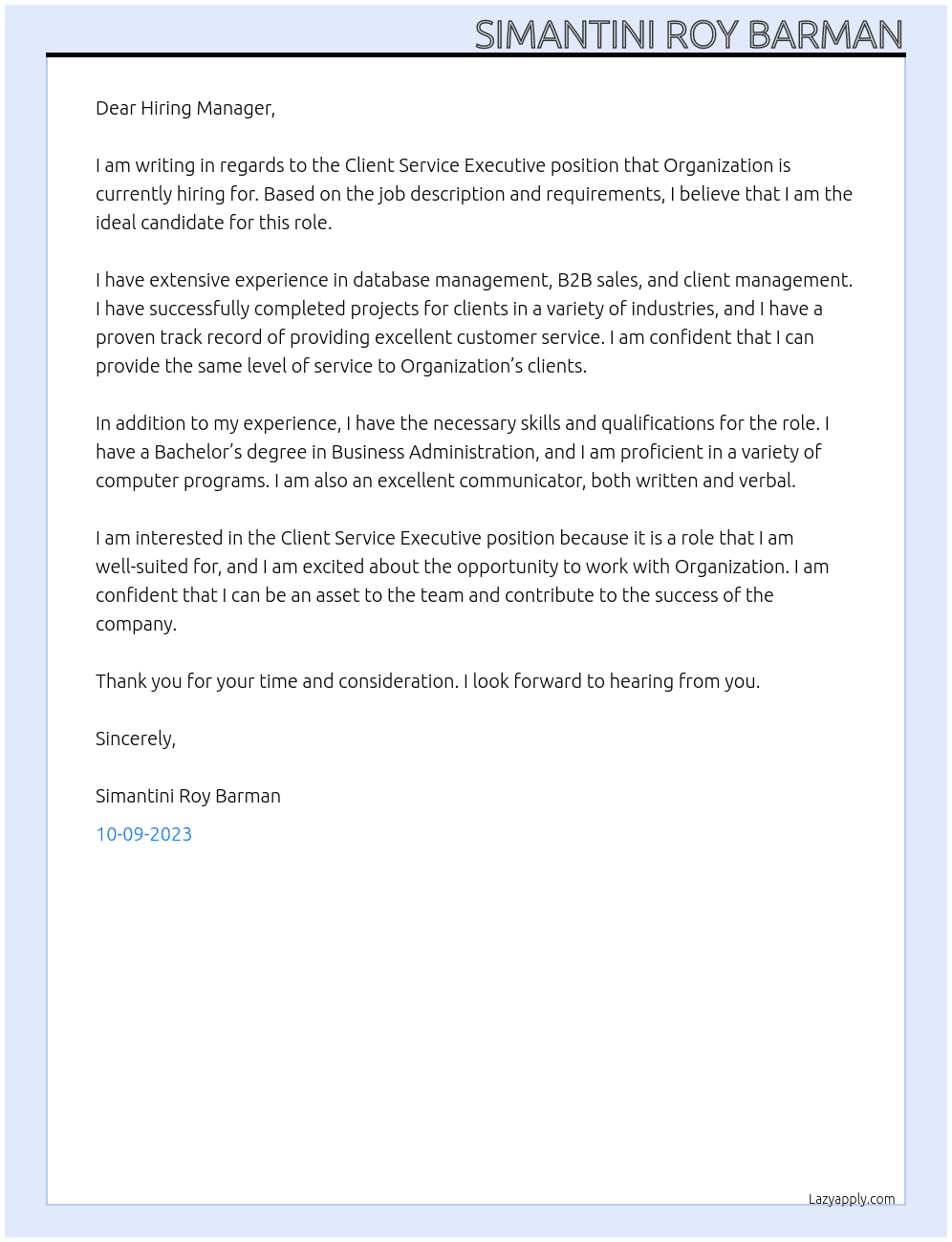 Client service executive  At Organization Cover Letter