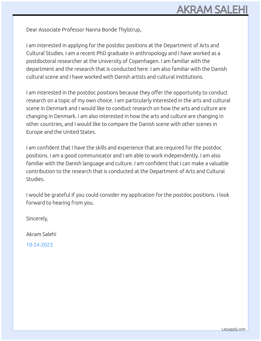 Postdoc positions At Department of Arts and Cultural Studies Cover Letter