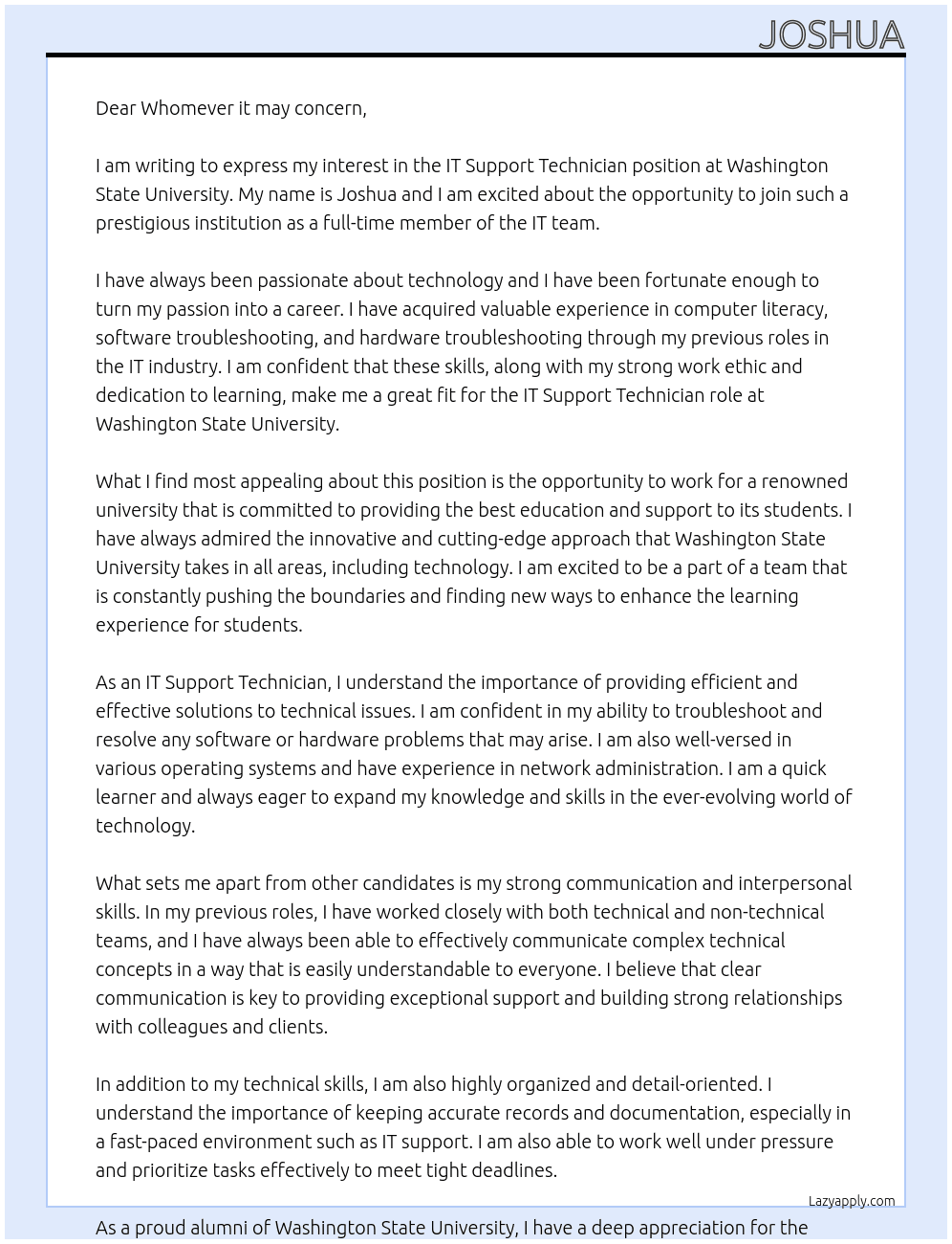 IT Support Technician At Washington State University Cover Letter