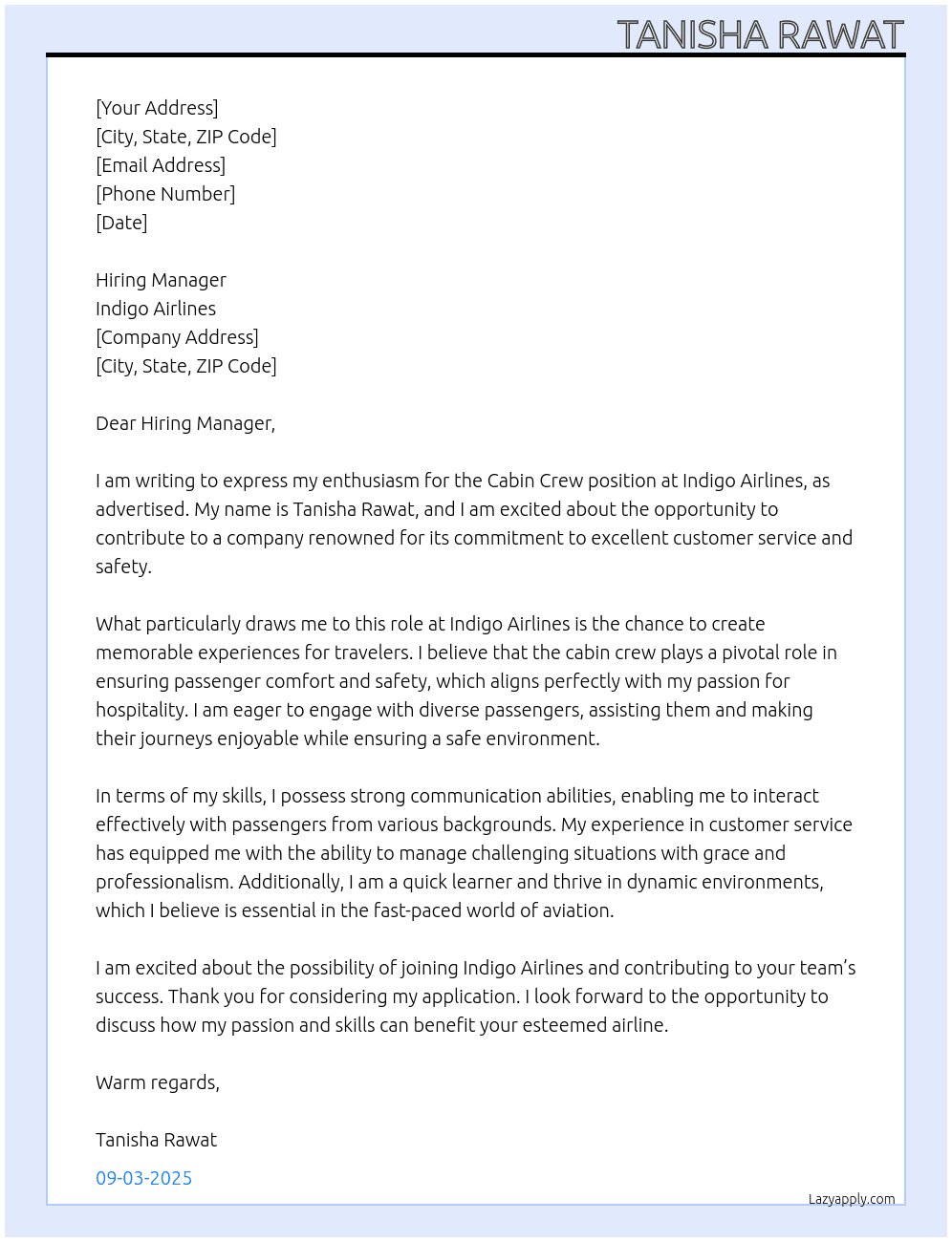 Cabin Crew At Indigo Airlines Cover Letter