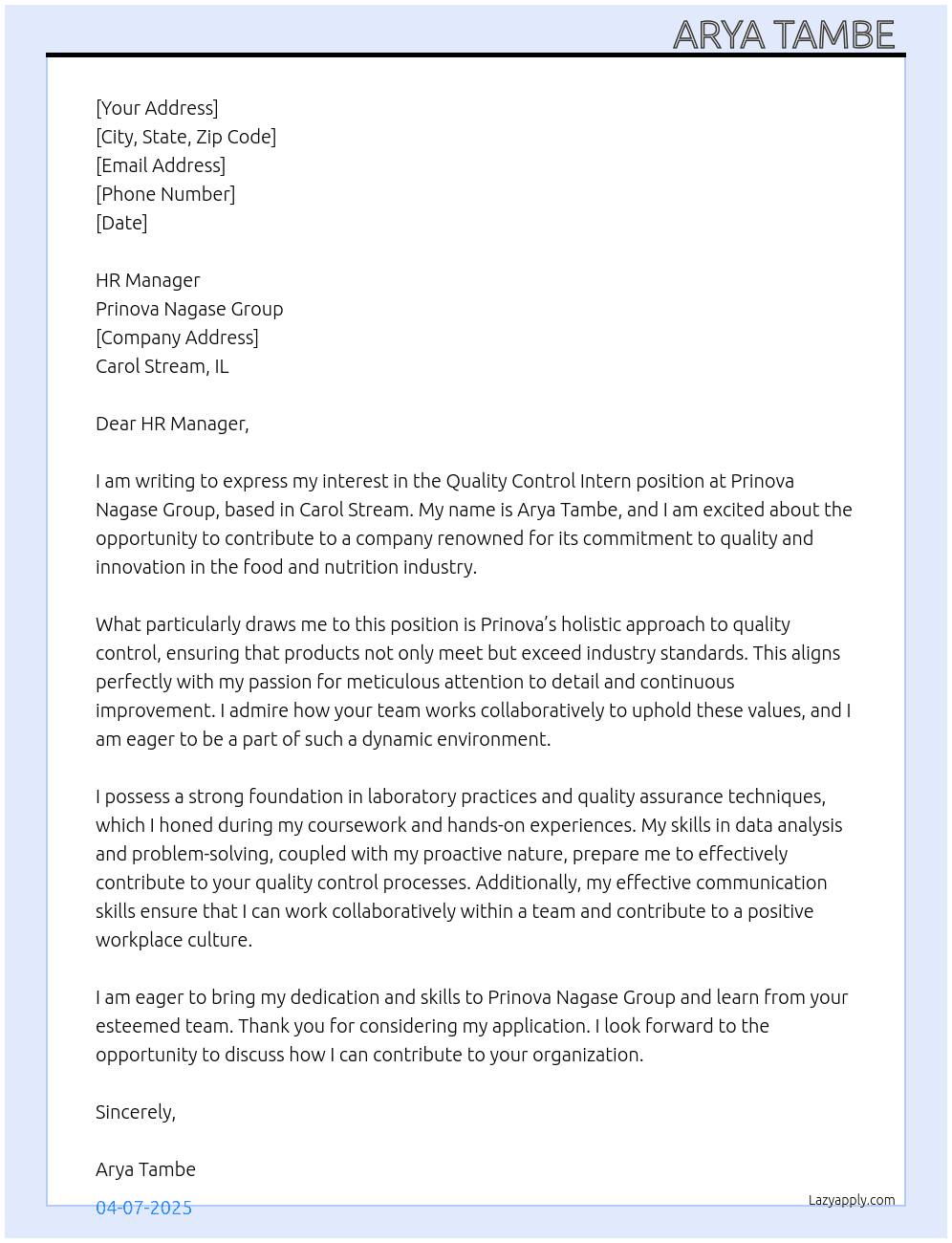 Quality control  At Prinova Nagase Group Cover Letter
