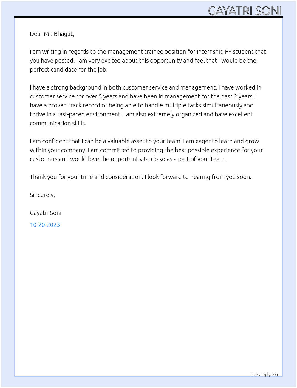 Management trainee for internship FY student At Mensa Cover Letter