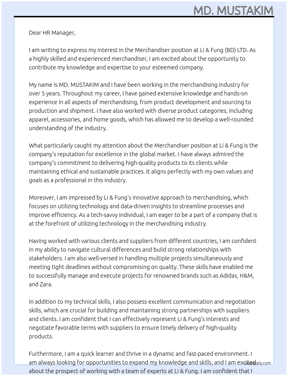Merchandiser At Li & Fung (BD) LTD. Cover Letter