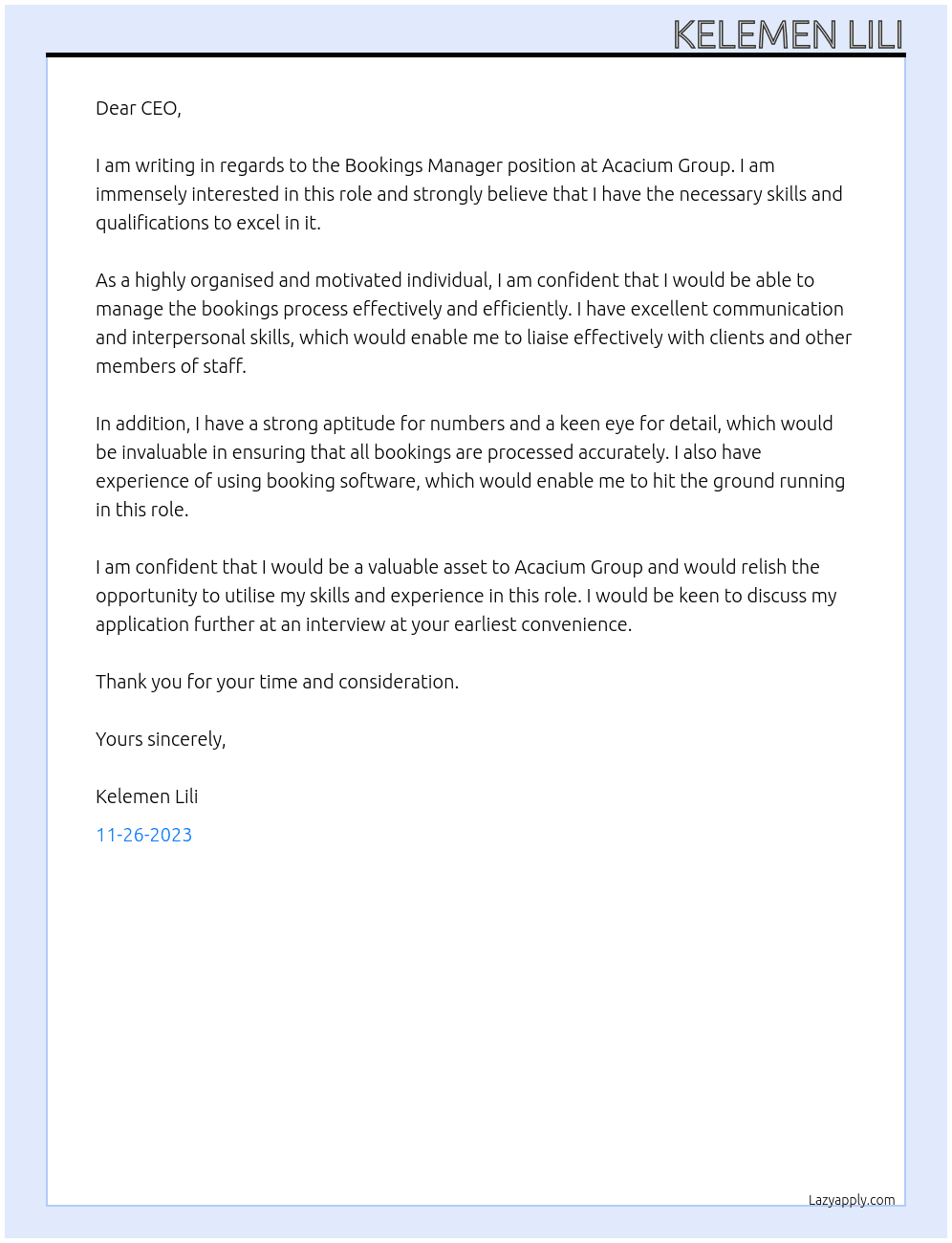Bookings Manager At Acacium Group Cover Letter