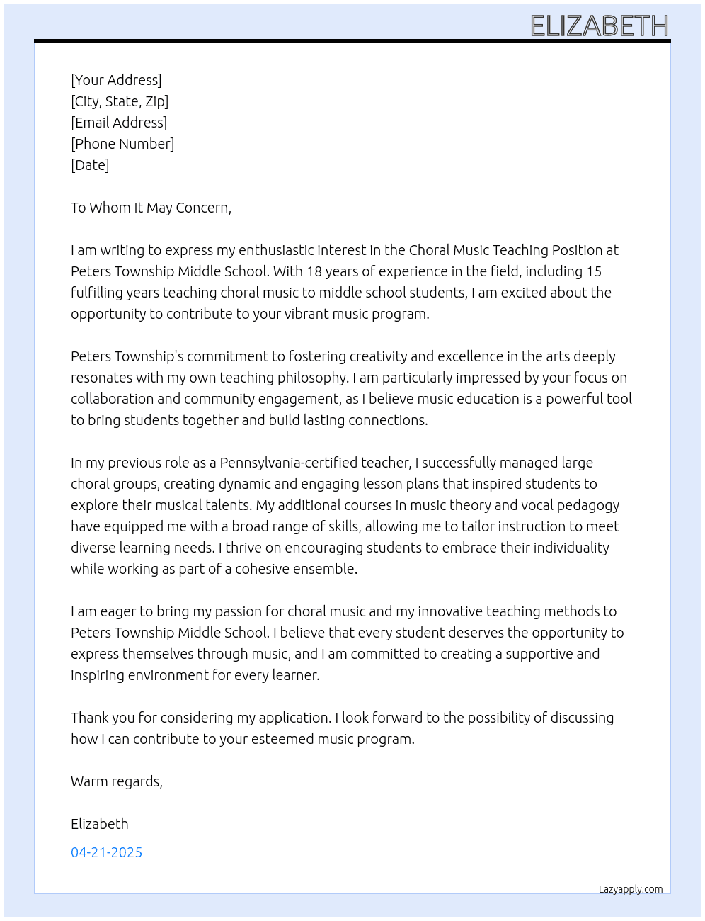 Cover letter for choral music teaching position - LazyApply