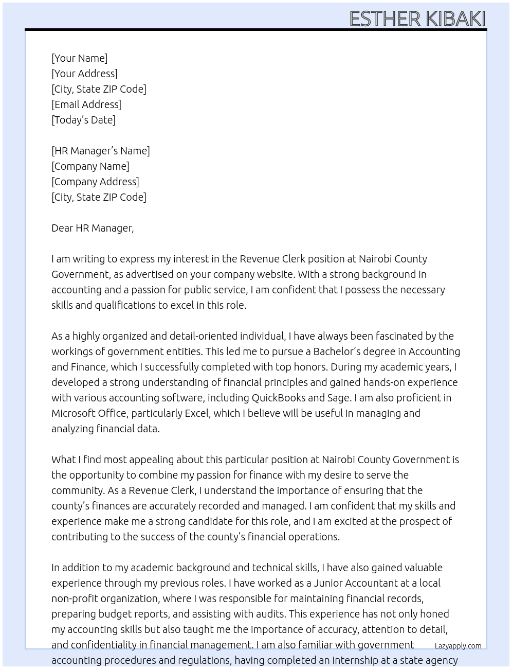 REVENUE CLERK At NAIROBI COUNTY GOVERNMENT Cover Letter