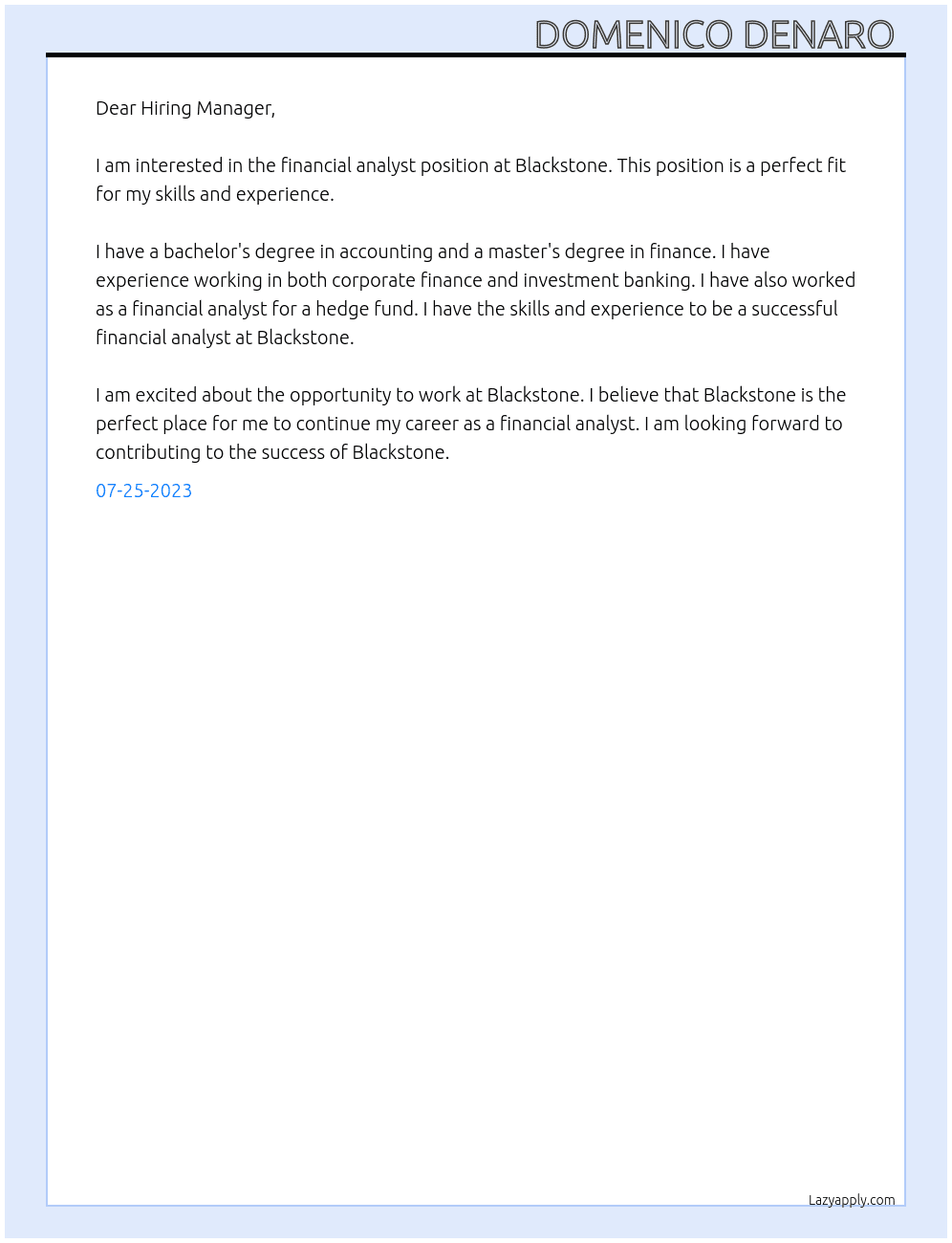 Financial analyst  At Blackstone Cover Letter