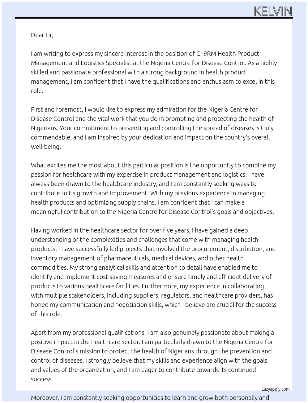 C19RM Health Product Management and Logistics Specialist At Nigeria Centre for  Disease Control Cover Letter