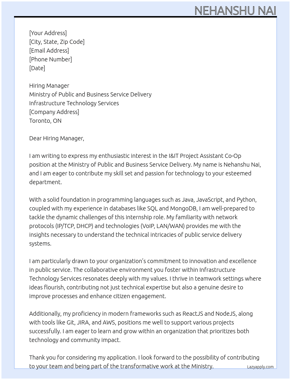 Cover letter for i&it project assistant co-op - LazyApply