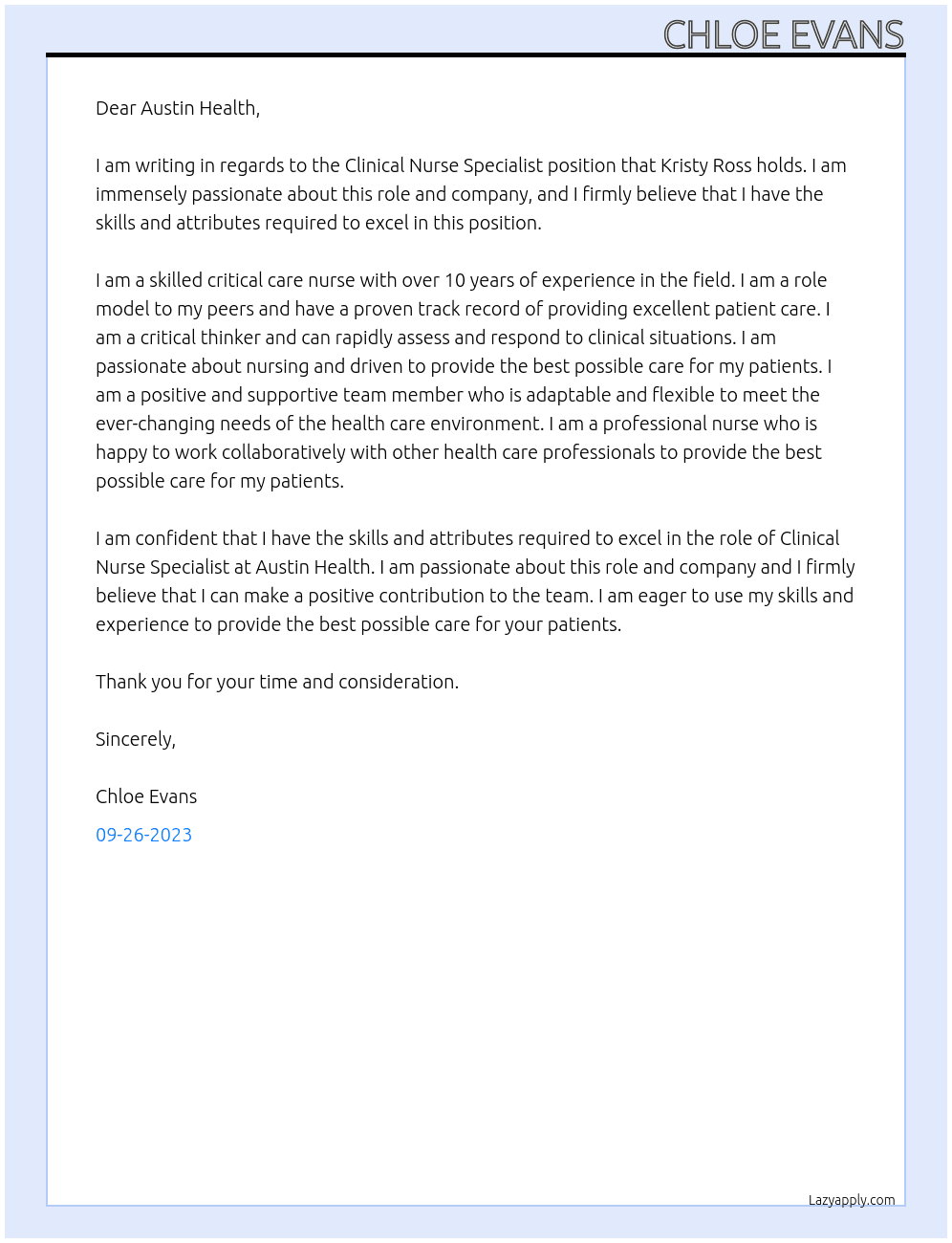 Clinical Nurse Specialist At Austin Health Cover Letter