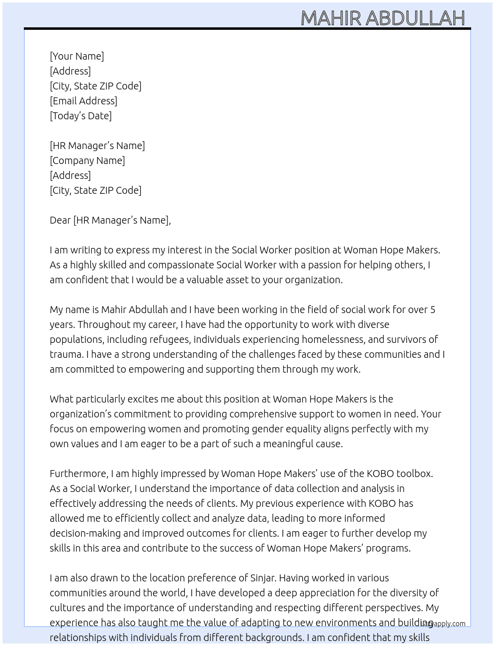 Social Worker  At Woman Hope Makers  Cover Letter