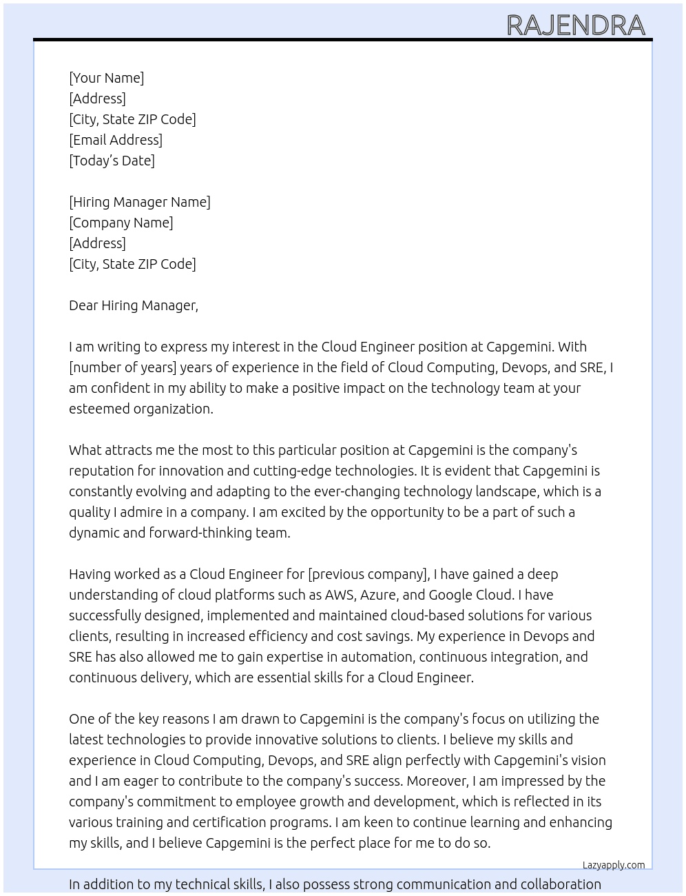 Cloud Engineer At Capgemini  Cover Letter