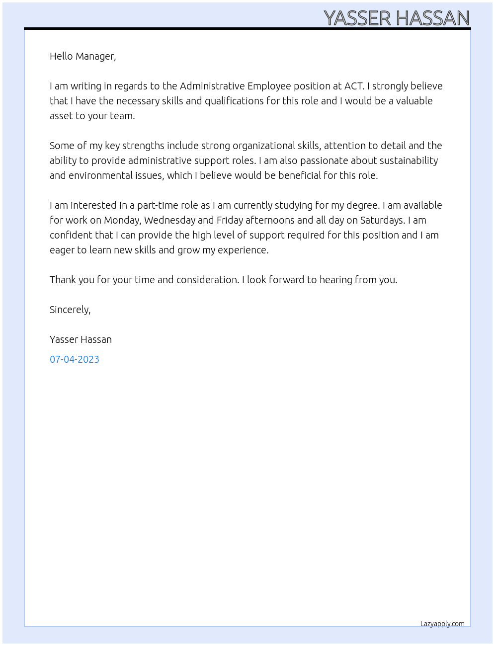 Administrative Employee At ACT Cover Letter