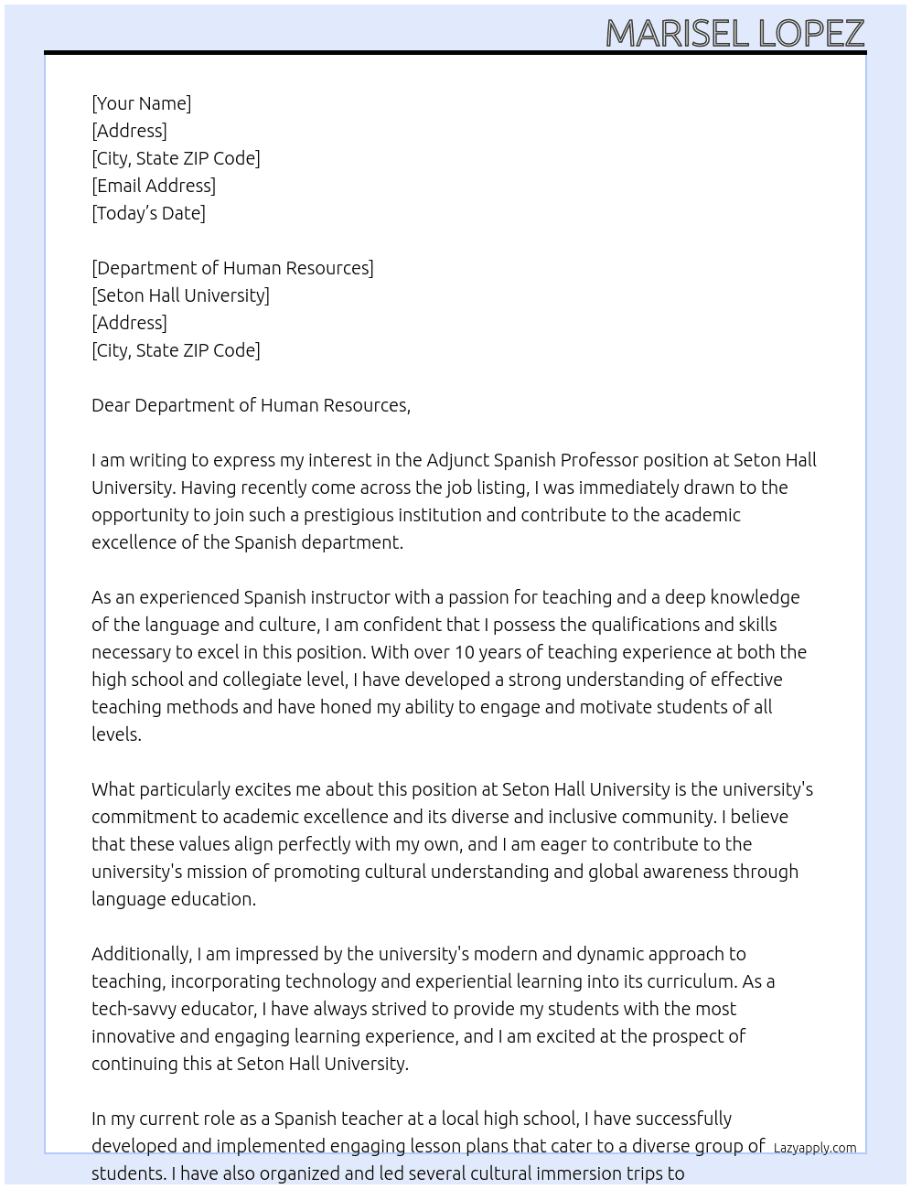 Adjunct Spanish Professor  At Seton Hall University Cover Letter