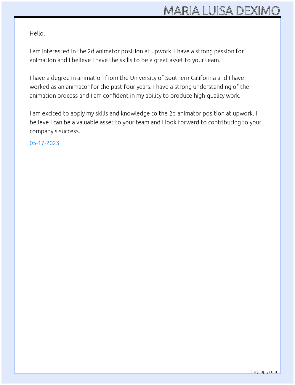 2d animator At upwork Cover Letter
